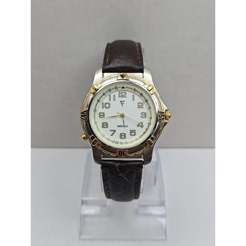 Timex Indiglo Easy Reader Mens Watch Two Tone Rotating Bezel Leather New Battery